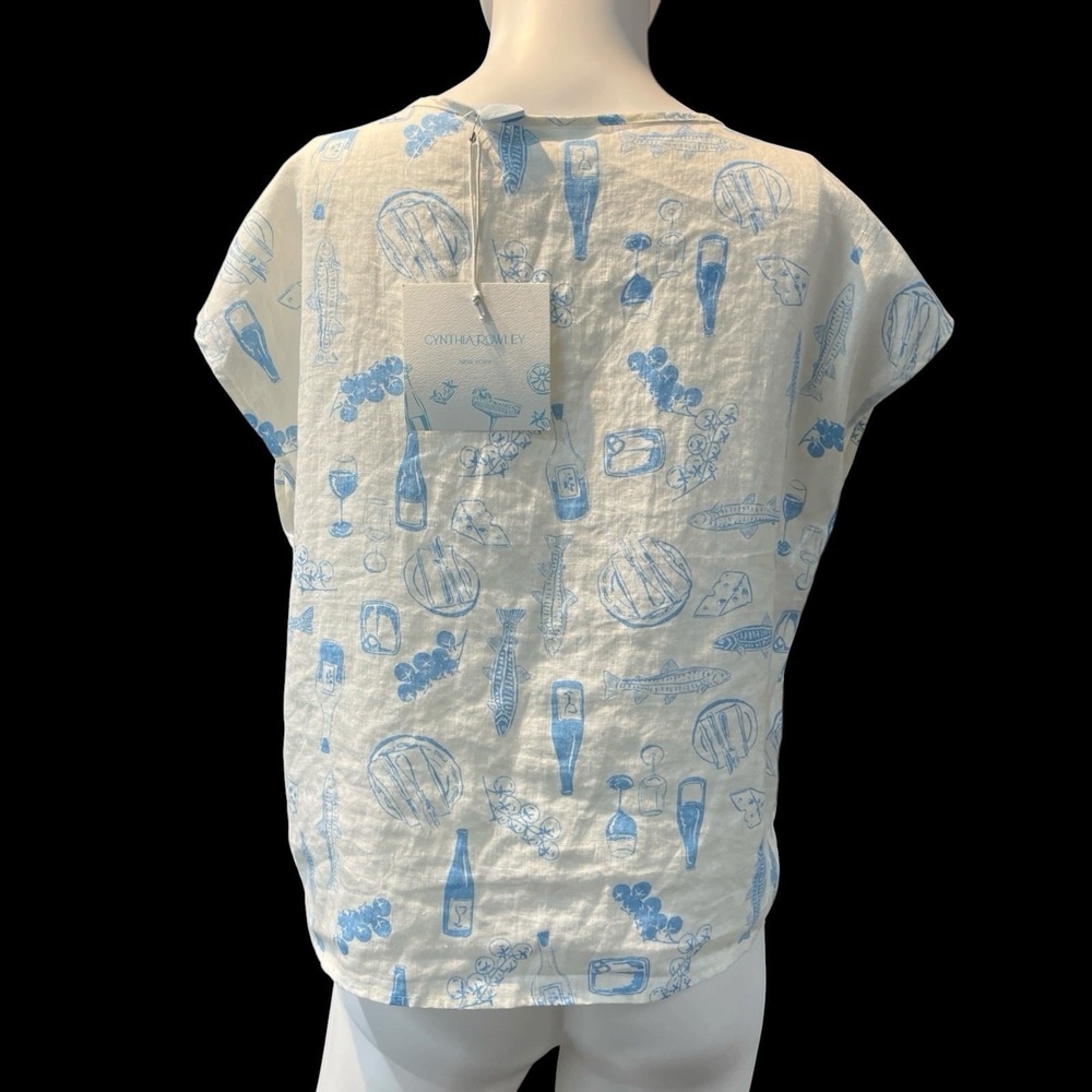 Cynthia Rowley Top White Linen Blue Italian Wine Print L Euro Summer Vacation - Picture 3 of 16